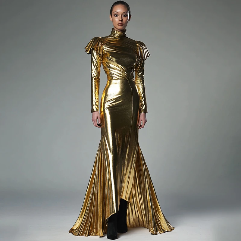 Vestido maxi de gola alta dourado, vestido de noite de manga comprida para escritório, primavera e outono, vestido de festa de cintura alta