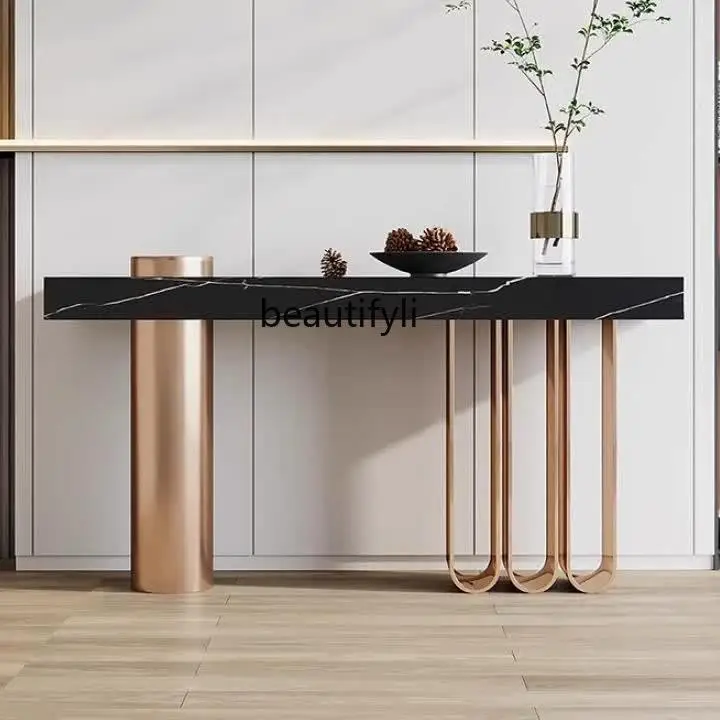 

Light luxury home stainless steel entrance table medieval arched entrance table Hotel villa corridor aisle end view table