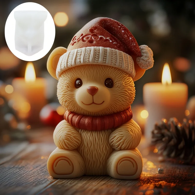 Lindo oso vela molde de silicona usar sombreros de Navidad oso sonriente molde de resina regalo de Navidad sentadillas sombrero sentado oso moldes de yeso