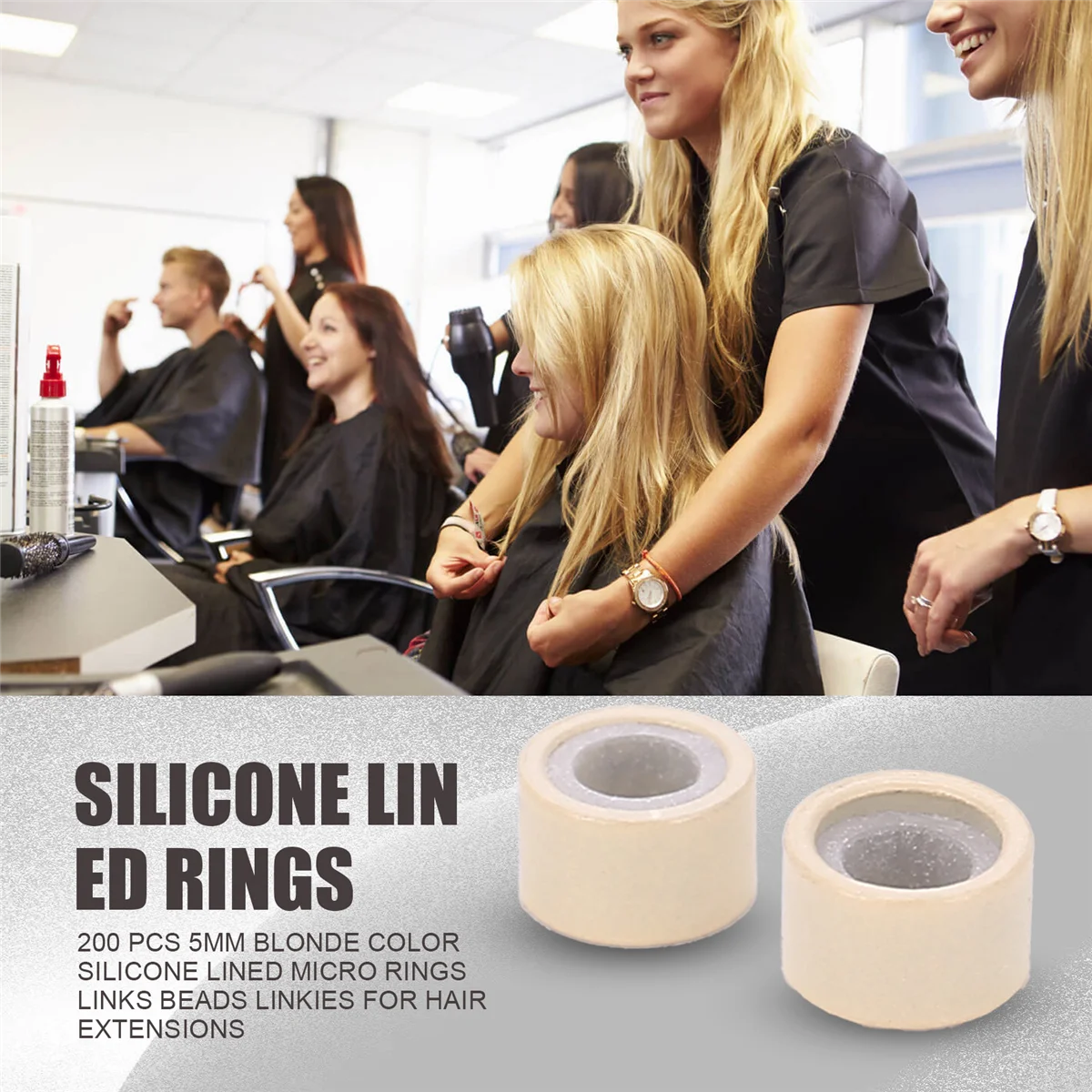 200 micro anelli rivestiti in silicone di colore biondo da 5 mm, collegamenti perline, per estensioni dei capelli