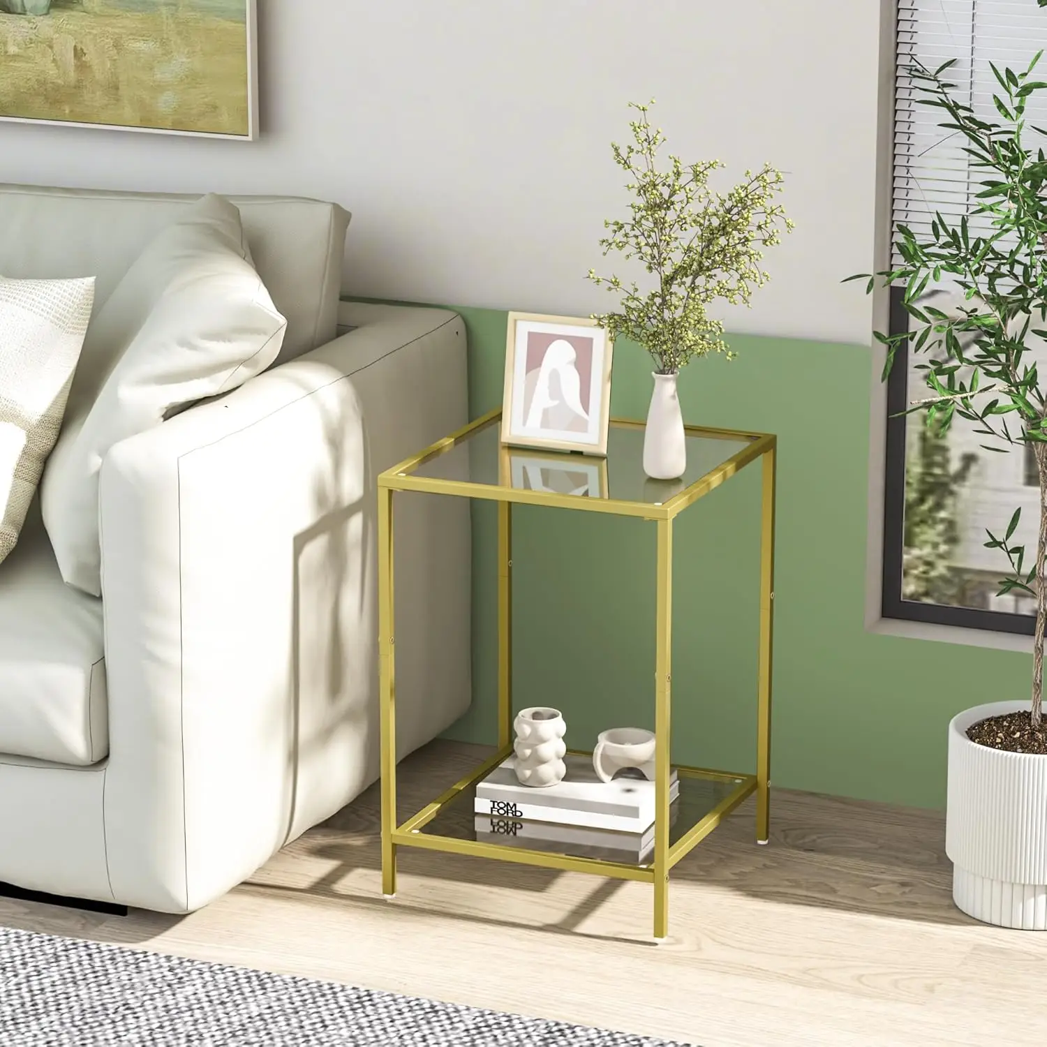 Side Tables Set Of 2, End Table With Tempered Glass, 2-Tier Nightstands With Storage Shelves, Coffee Table With Modern Style,