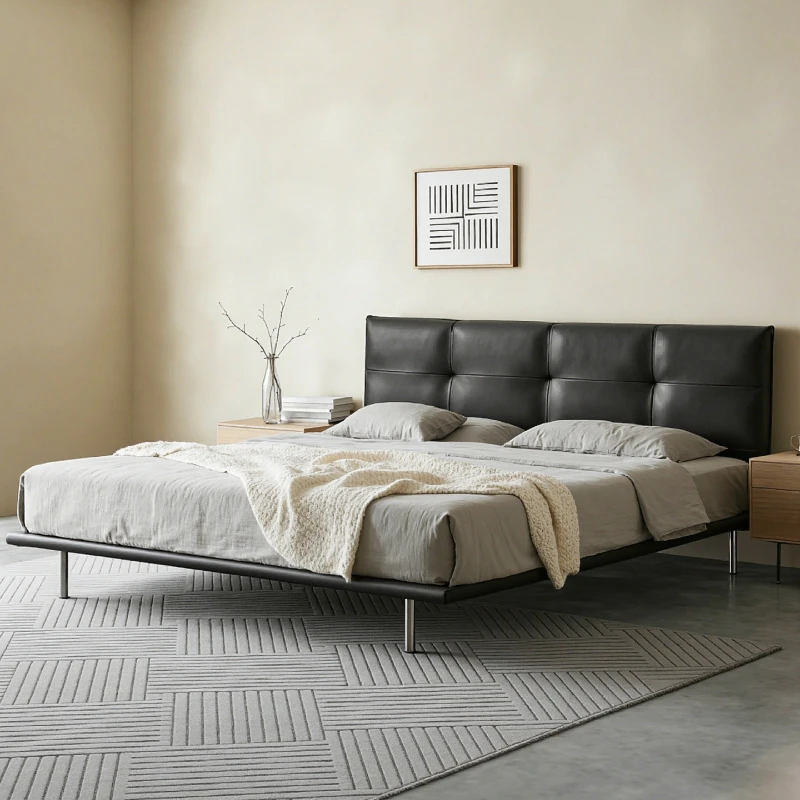 

Bed light luxury leather modern simple black master bedroom suspended Nordic solid wood double bed