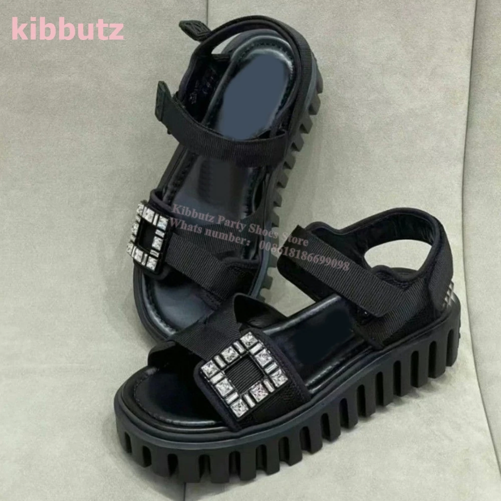 

Crystal Square Buckle Sandals Thick Bottom Glossy Platform Cross Strap Solid Color Black Fashion Concise Sexy Women Shoes Newest