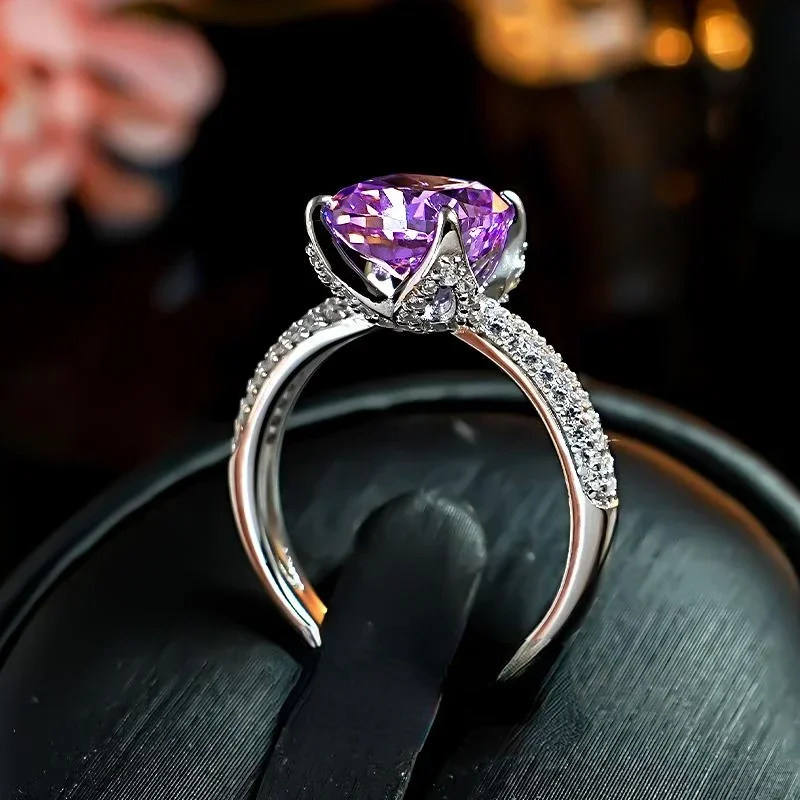 Thick colored purple diamond ring 925 silver gold-plated crushed ice cut high carbon diamond flower bud fat square female