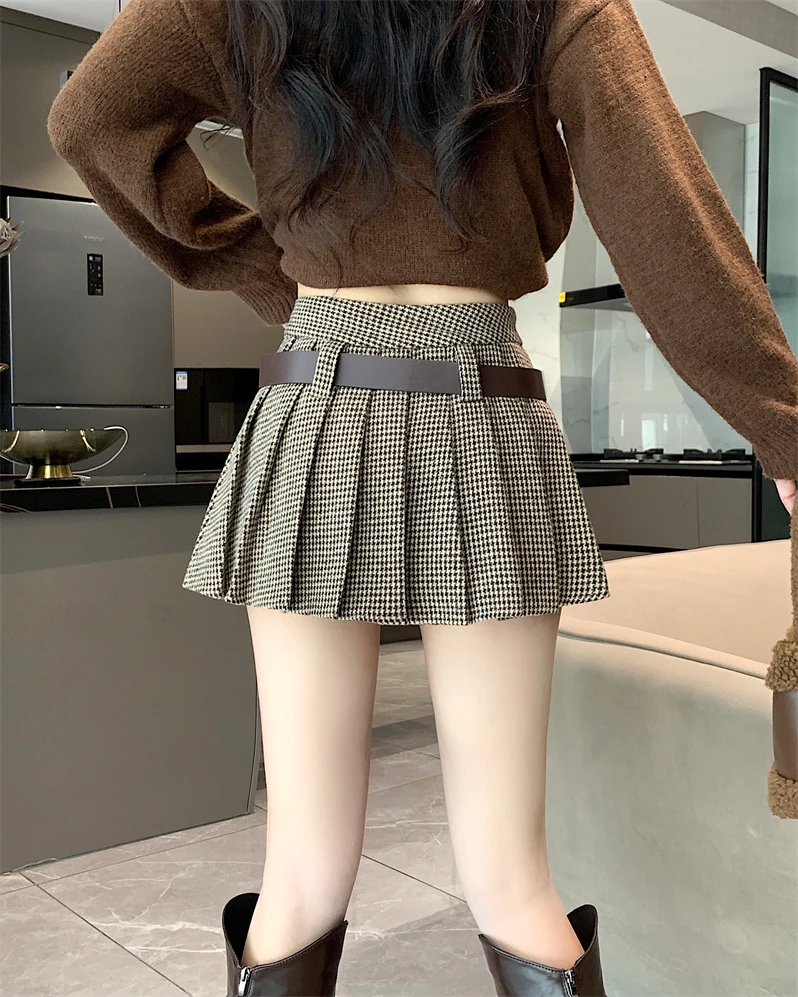 MiiiiX Preppy Style Retro High-waist Pleated Skirt Women's 2024 Autumn Design Fashion Slim Short Plaid A-Line Skirt with Belt