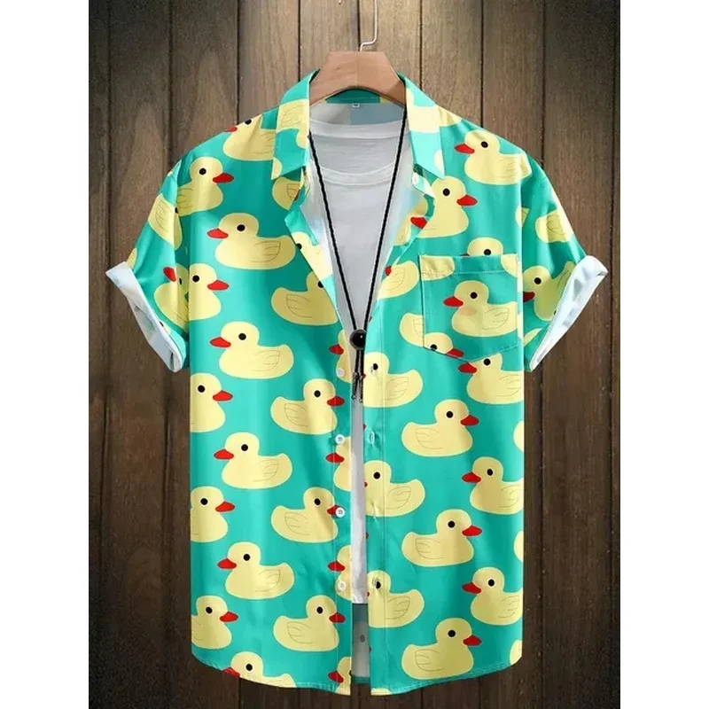 

Men's Shirt Top, Rubber Duck Print, Camp Collar Bowling Shirts Short Sleeve Closure Summer Hawaiian Shirt Male Casual Button Up