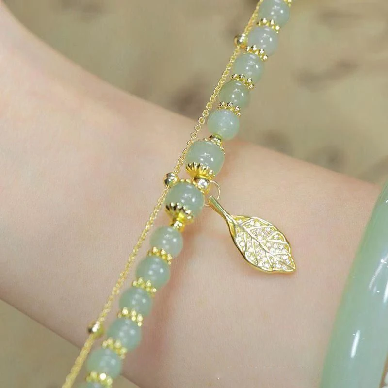 Chinese Style Green Jade Bracelet For Women Exquisite Gold Color Leaves Wrist Strap Bangle Double Chain Bracelet Girls Gifts