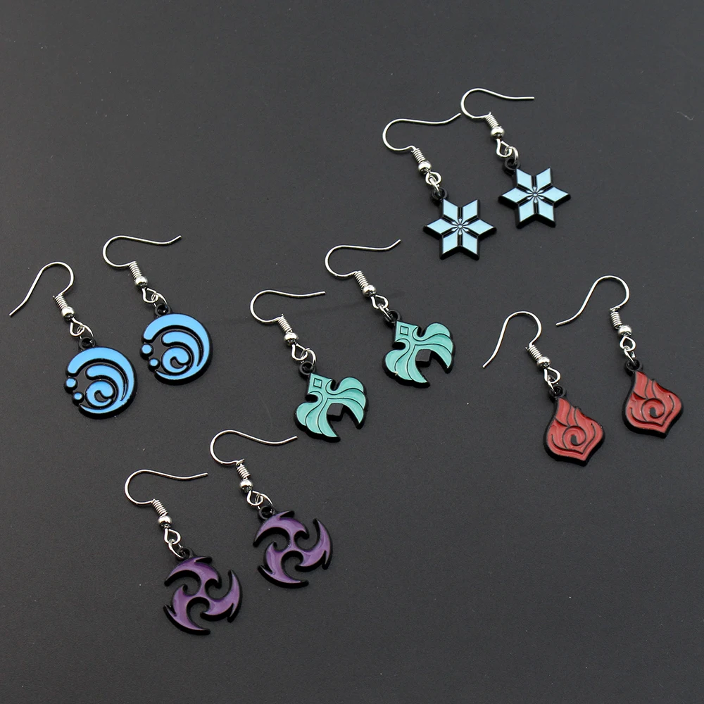 

Game Genshin Impact Earrings Metal Pendant Round Eye of God Earrings Water Wind Thunder Fire Element Jewelry Cosplay Props Gift