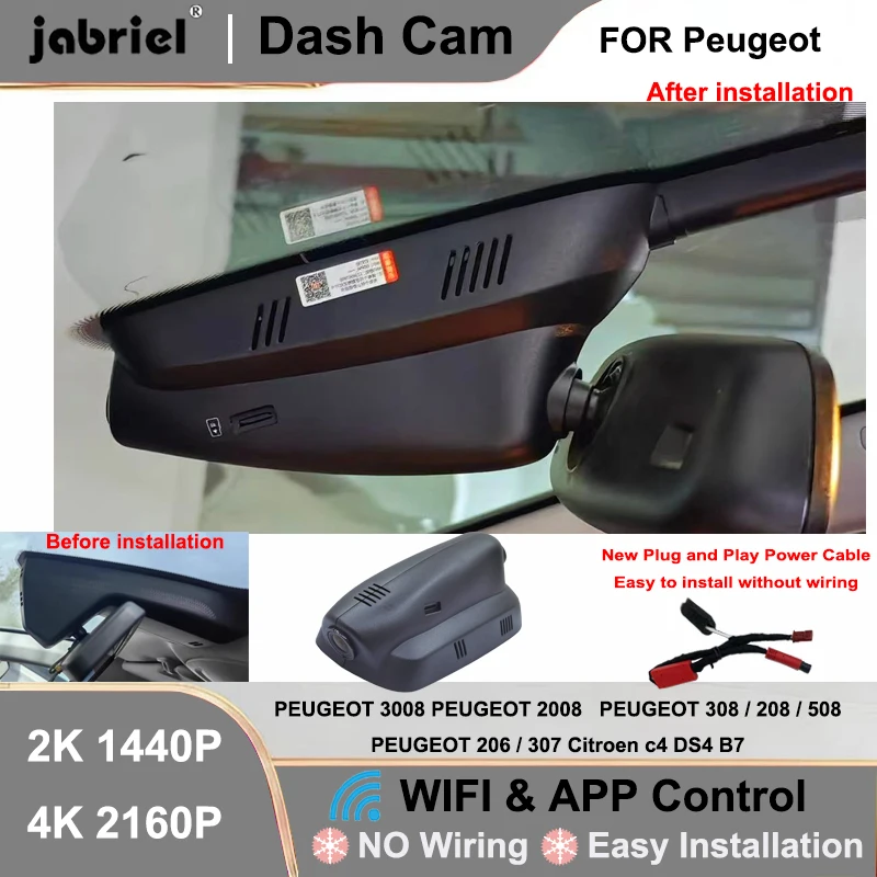 Jabriel Dash Cam Camera DVR 4K Wifi Plug and Play Video Recorder For PEUGEOT 3008 308 208 2008 508 206 307 DashCam Car DVR