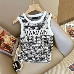 Summer Vintage Sexy Letter O-neck Sleeveless Tank Top Femme Trend All-match Elasticity Pullover Top Tee Women's Clothing Trend