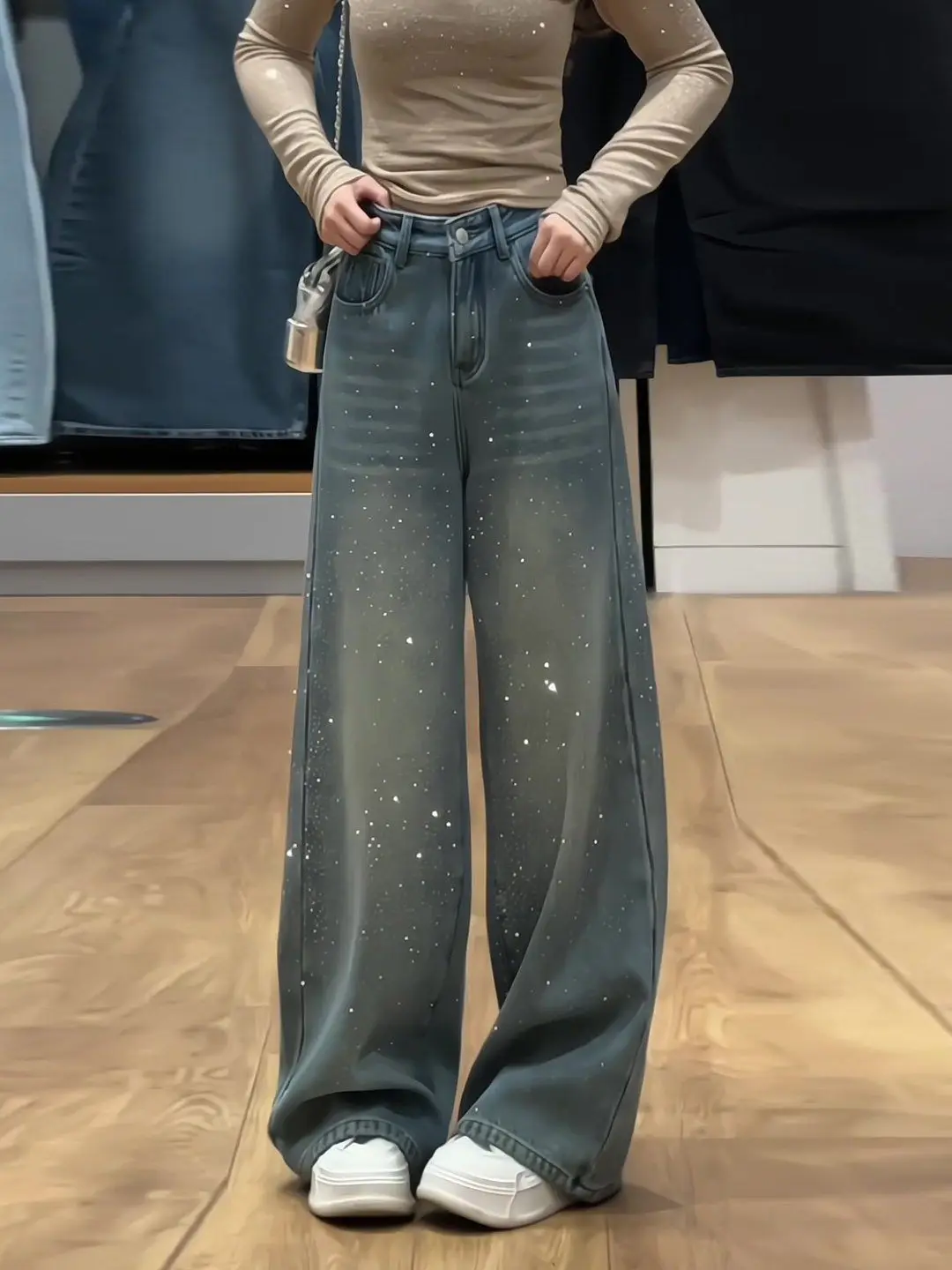 

Retro American Rhinestone Fce Lined Wide Leg Jeans Women's Winter Slimming Design Versatile Knife Casual High Waist