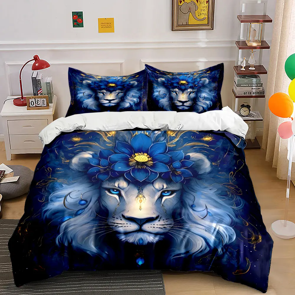 Majestic blue lion portrait Duvet Cover Set with 3D Printing Design Soft Polyester Bedding Set All-Season Comfort for gifts