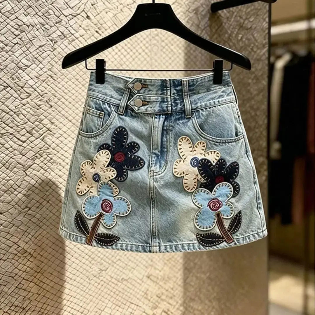 2026 new summer great-looking high-end skirt high waist thin small artistic flower korean fashion clothing denim skirt