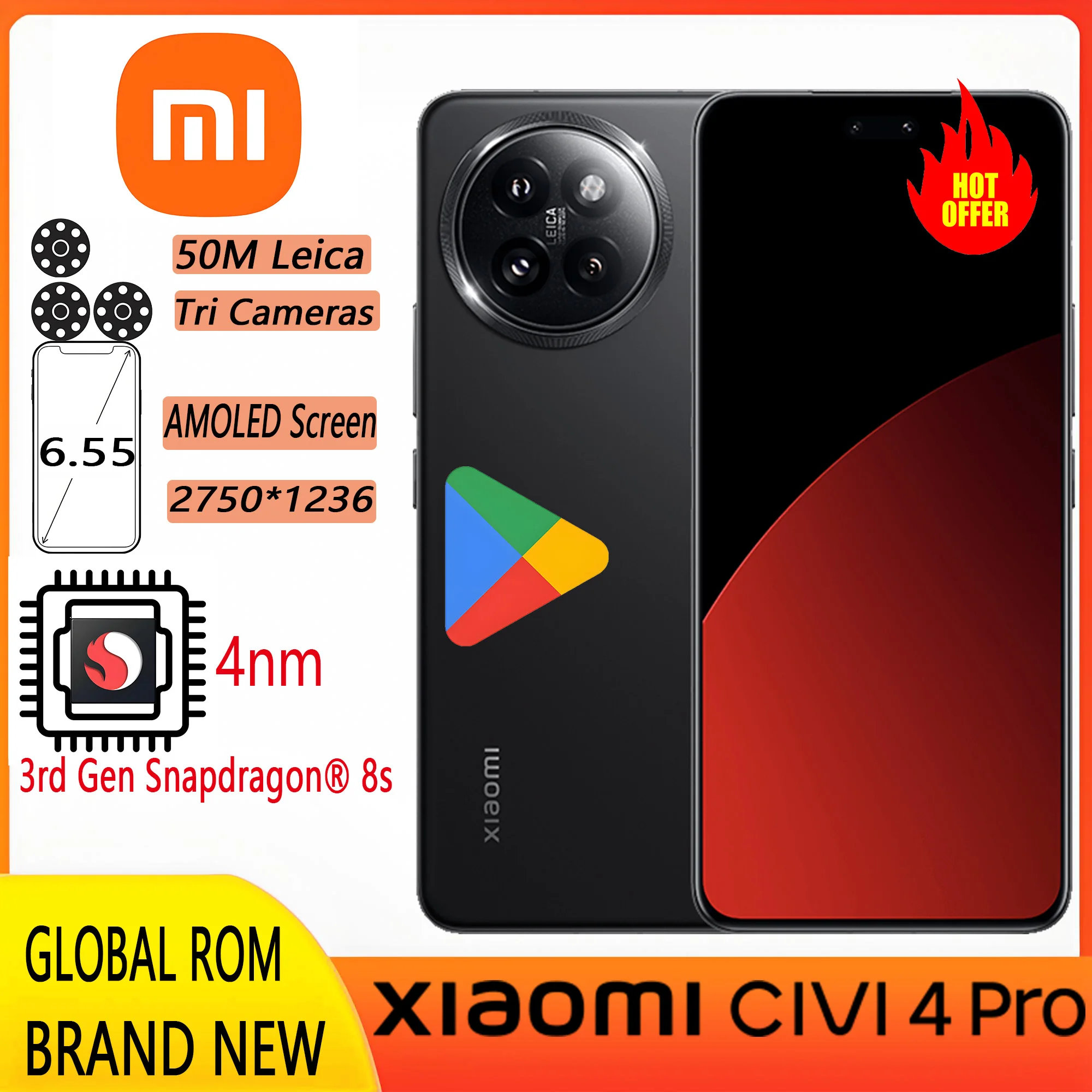 Original Xiaomi Civi 4 Pro 5G Snapdragon8S Gen3 Smartphone Global Firmware 2750x1236px 6.55