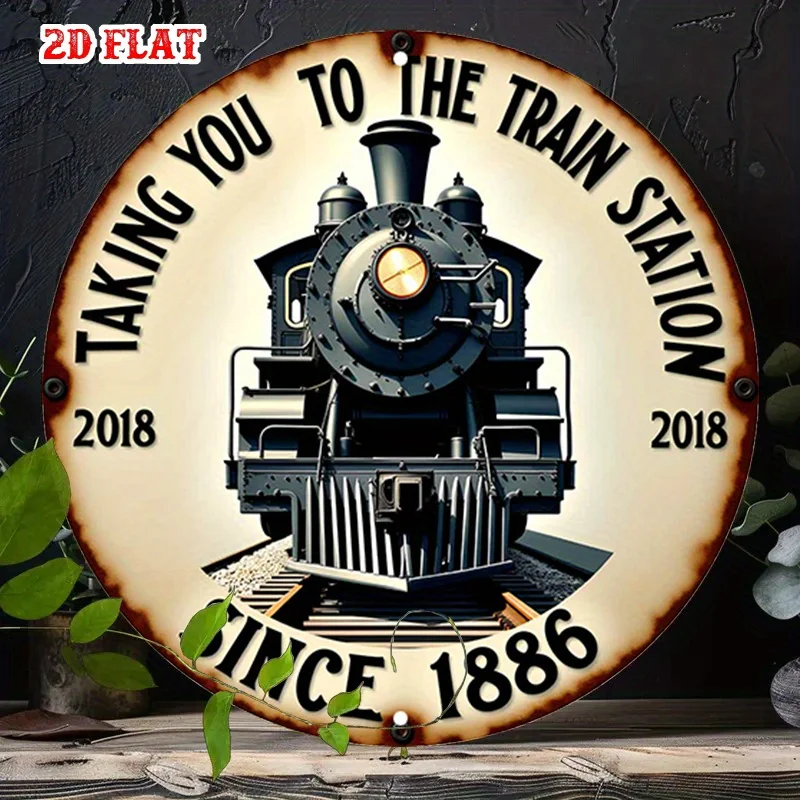 Rundes Aluminium-Blechschild im Vintage-Industrie-Retro-Stil – „Taking You to the Tren Station“, rustikale Wandkunst, schwarz-weißes Lokomotiv-Design