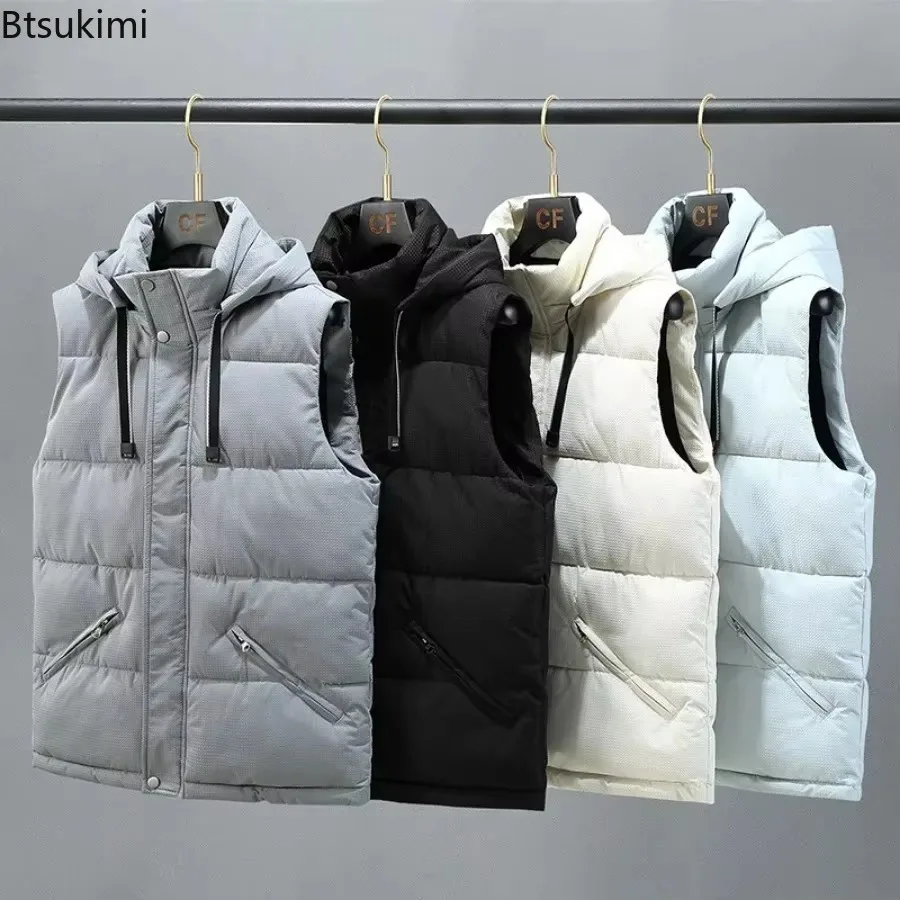 2024 Men's Down Cotton Vests Autumn Winter Sleeveless Jackets Fashion Hooded Thickened Warm Casual Outerwear Men Cargo Waistcoat