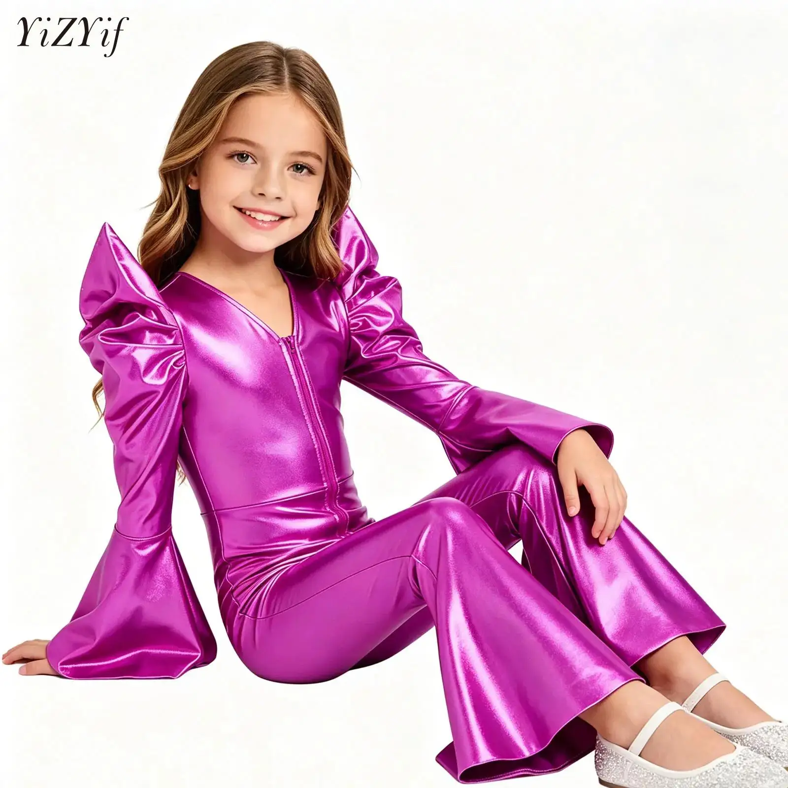 

Kids Girls Metallic Disco Jazz Jumpsuits Hippie Performance Costume Ballroom Dancewear Long Sleeves Front Zip Bell Bottom Romper