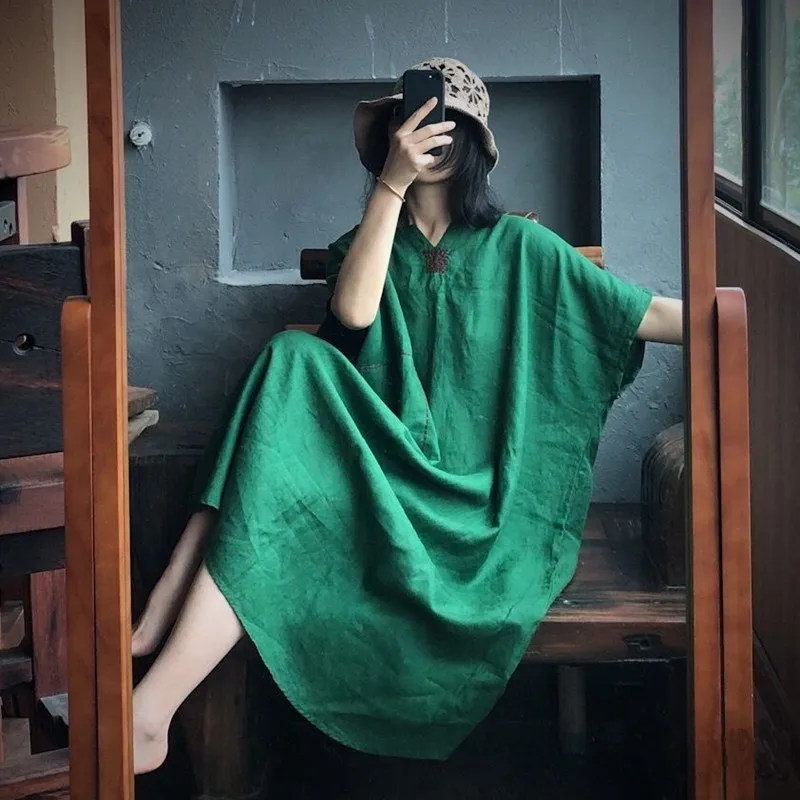 

Большие размеры, хлопково-льняная вышитая длинная летняя юбка свободного покроя с v-образным вырезом для женщин 35-39 лет, закрывающая живот