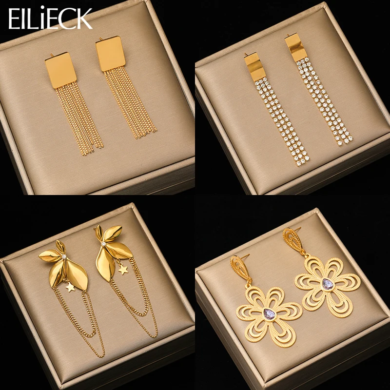 EILIECK 316L Stainless Steel Gold Color Flower Tassel Earrings For Women Girl Fashion Non-fading Ear Jewelry Party Birthday Gift