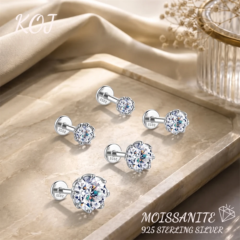 KOJ 1PC S925 Silver Moissanite Earring Screw Back And Push Back Two Styles 0.06/0.1/0.25/0.5/1ct Cartilage Piercing Ear Gift