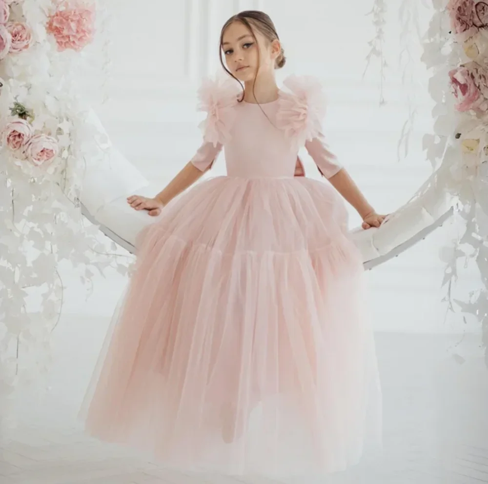 Customized Light Pink Flower Girl Dresses Tulle With Bow Half Sleeve For Wedding Birthday Party Banquet Princess Gowns