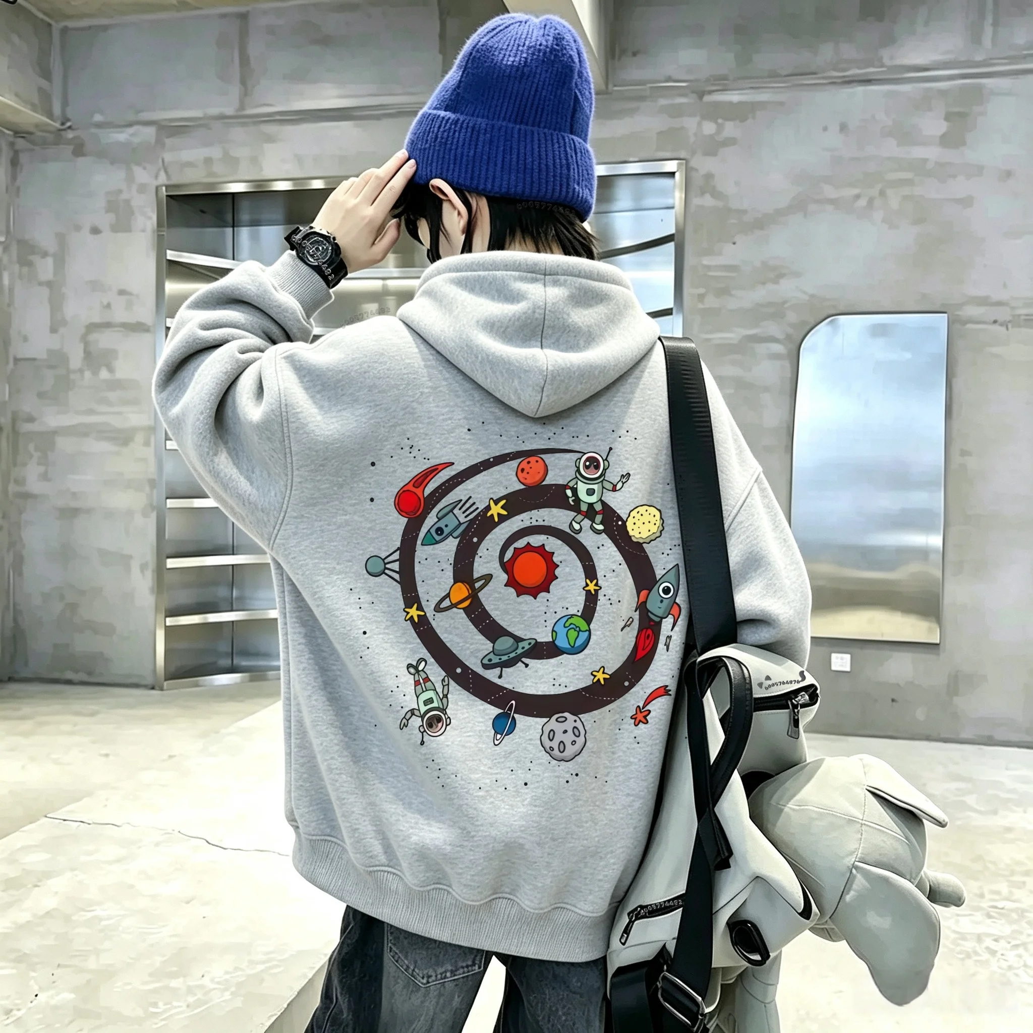 Latest model Warm Children Pullover Hoodie, Lovely Galaxy Astronaut Back Graphic Kids Clothes for Fall Winter Daily Wear