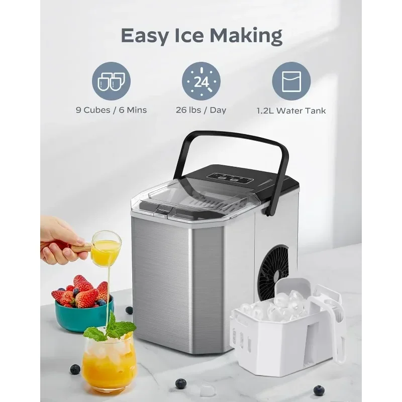 Silonn Ice Maker Countertop, Stainless Steel Portable Ice Machine with Carry Handle, Self-Cleaning Ice Makers