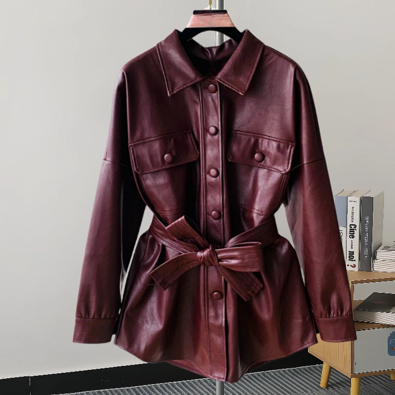 Mid-length Women Faux PU Leather Jacket With Belt Black Wine Red Casual Lapel Single-breasted Long Sleeve Fake Leather Jacket