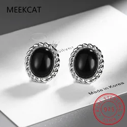 Black Agate Stud Earrings 925 Sterling Silver Oval Hypoallergenic Earring Fine Jewelry Brincos de Prata For Women RHE1165