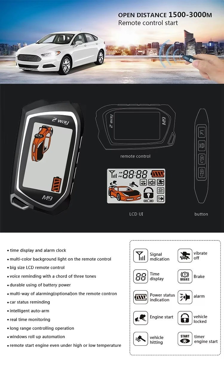 2-Way LCD remote Car Burglar Alarm Remote Start&Stop with Keyless Entry App Control 1500m Range Latest Intelligent Headlight
