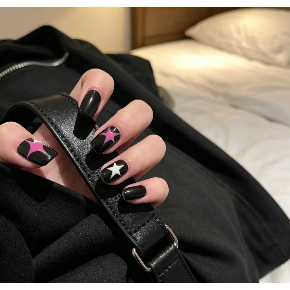 Black Press On Nails, Short Square Fake Nails with Pink & White Star Design, Glossy Full Cover False Nails for Women Girls, 24 Pcs Per Box