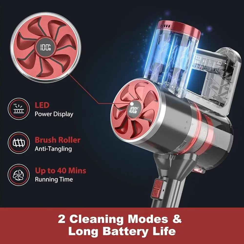 Cordless Vacuum Cleaner 40KPa Strong Suction 40 Min Runtime Brushless Motor with LED Display Lightweight and Maneuverable
