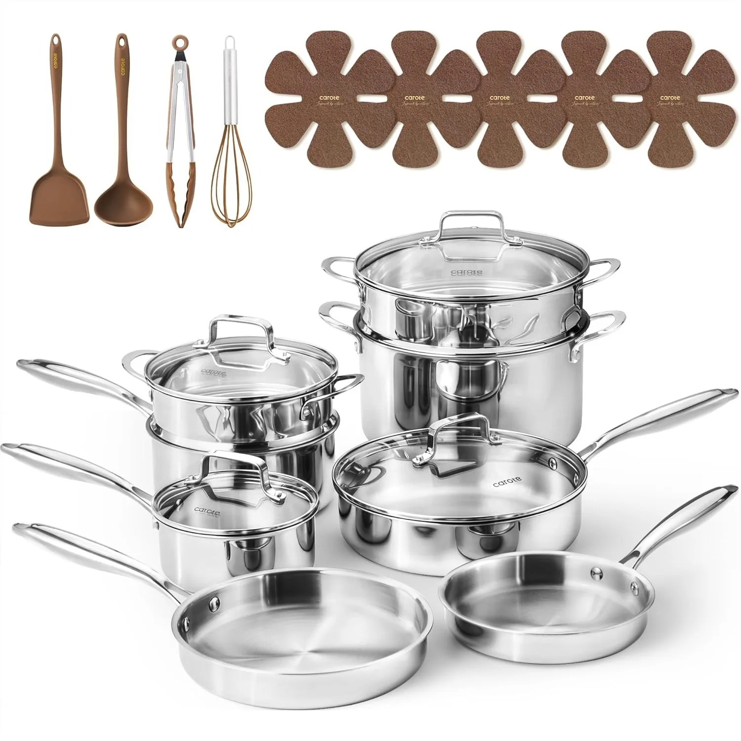 

21pcs Tri-Ply Stainless Steel Cookware Set with Mirror Polish, Induction Compatible, Oven & Dishwasher Safe