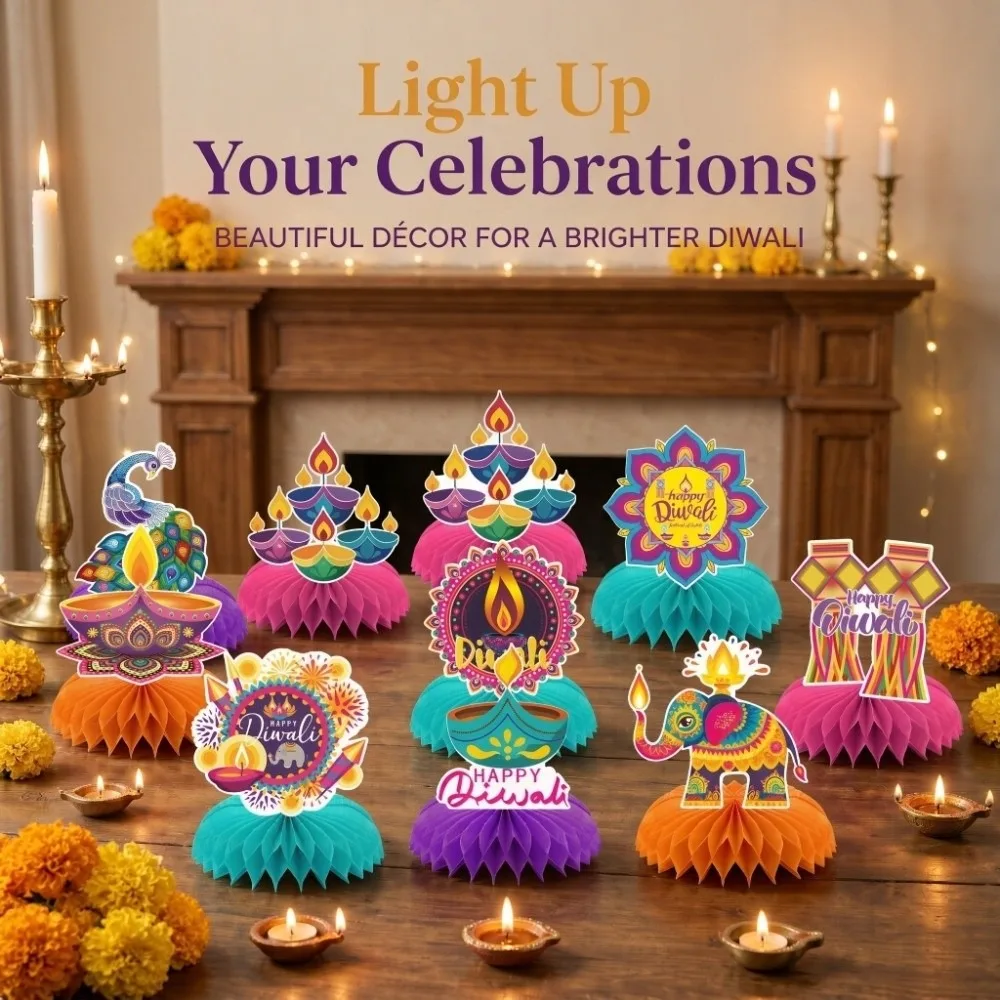 Happy Diwali 9Pc Set Honeycomb Ornament DIY Honeycomb Table Decoration Theme Colorful Elephant Peacock Ornaments Party