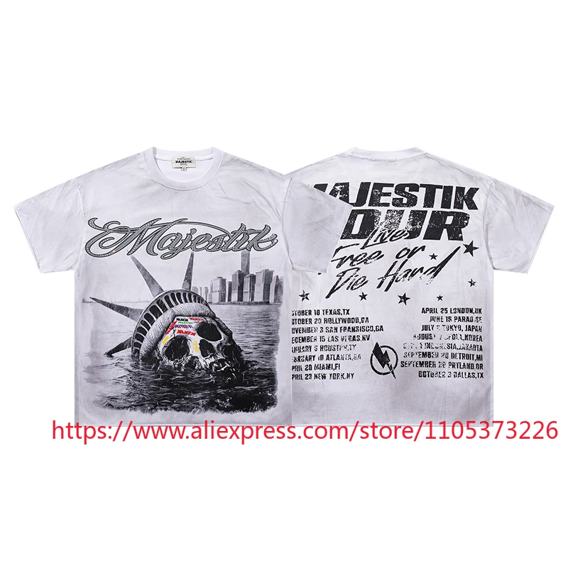 MAJESTIK White Vintage Statue of Liberty Skull Short Sleeve American High Street Tour Theme Loose T Shirt MAJESTIK