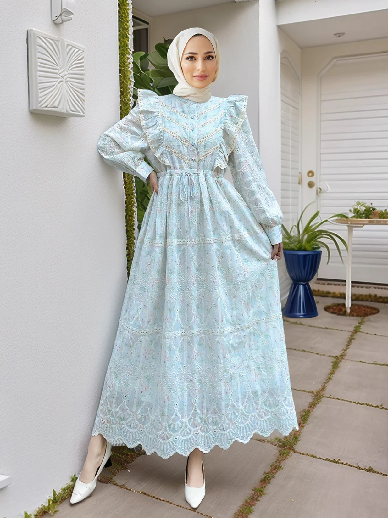 

Ид Милое женское праздничное платье Мусульманская Абая Цветочное кружево Джалабия Рамадан Длинные платья Абая Vestidos Largos Kaftan Арабский длинный халат