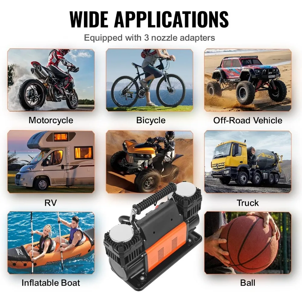 Воздушный компрессор высокой емкости VEVOR 10,6 CFM, быстрая 30-секундная накачка шин |   Компактный двухцилиндровый портативный надувной насос, 12 В, 150 фунтов
