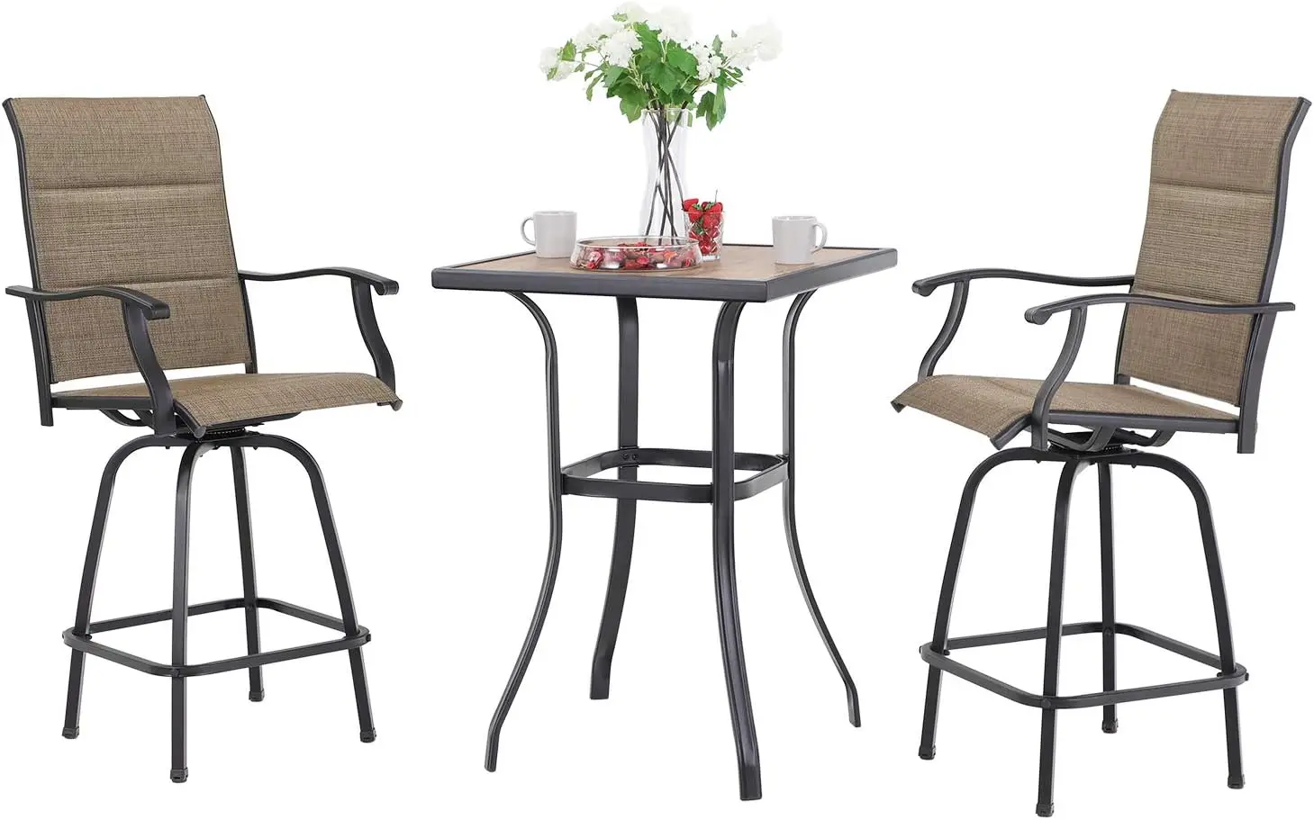 Sophia & William Outdoor Bar Set, Patio Bar Table & Chairs Set, Bar Height Patio Set - 2 x Swivel  Chairs(Brown), 1 x Square