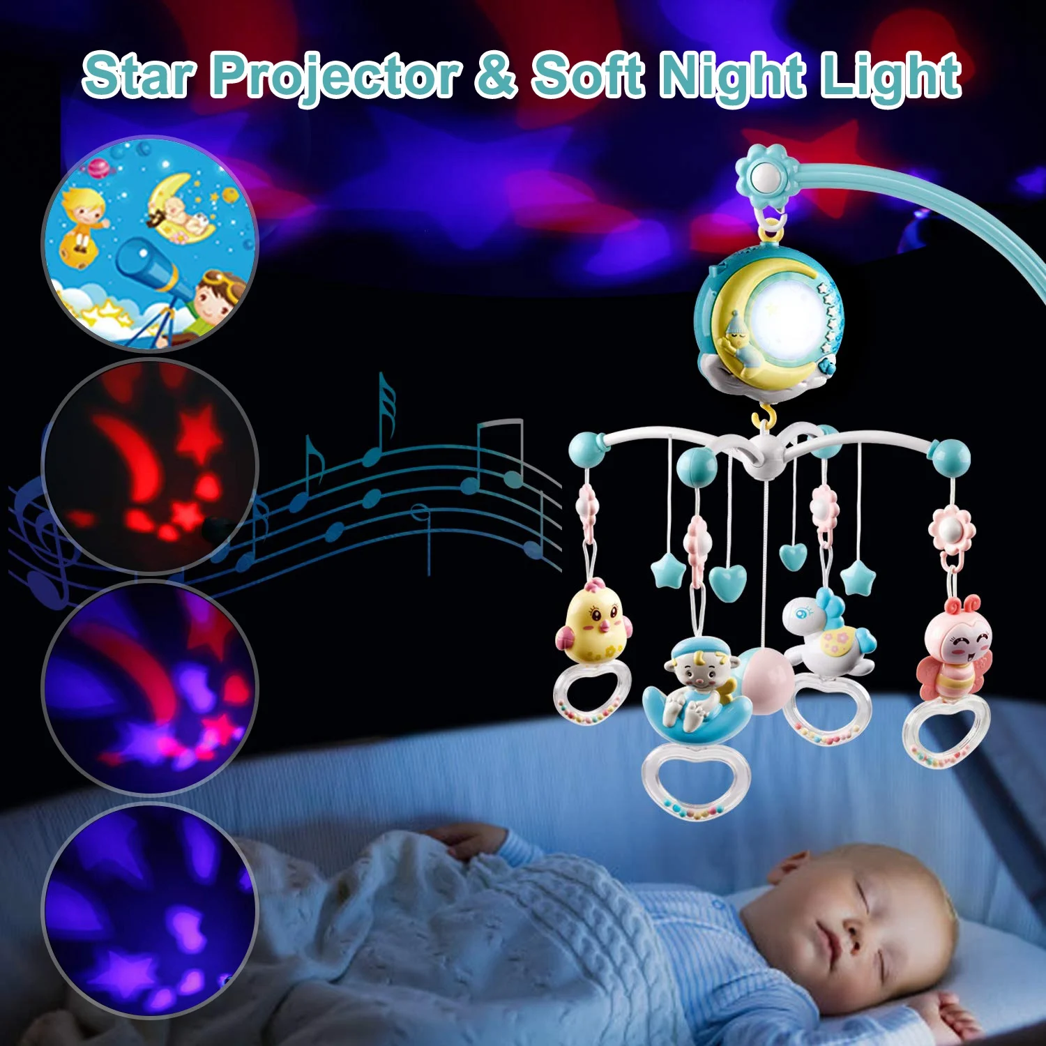 Baby Musical Crib Mobile with Music and Lights, Baby Mobile for Crib with Remote Control Star Projection Music Box, Baby Crib T