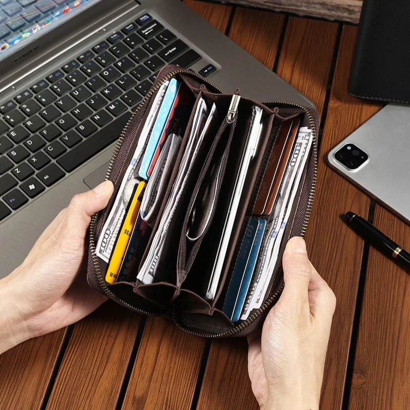 Frenzy Leather Long Wallet for Men Large Capacity Zippered Handbag - Genuine Leather Retro Style - Men's Leather Cardholder Bag