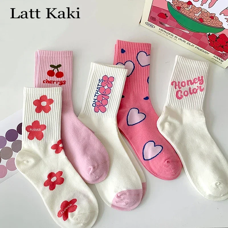 

5 Pairs Cute Socks For Women New Novelties Cotton School Socks Female Breathable Sweet Long Girl Crew Socks Funny Letter Fashion