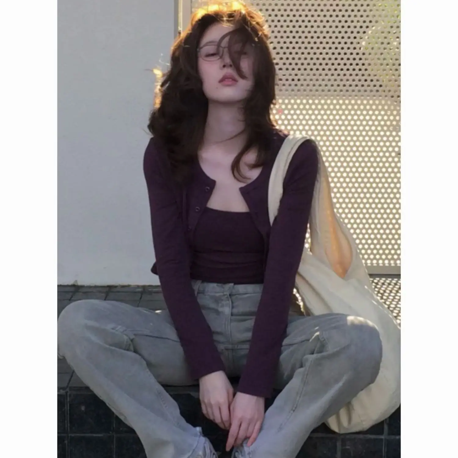 

Purple Open Cardigan Top And Vest Two-Piece Set Korean Sle Autumn Winter Women's Faion Casual Wear Breathable Modal