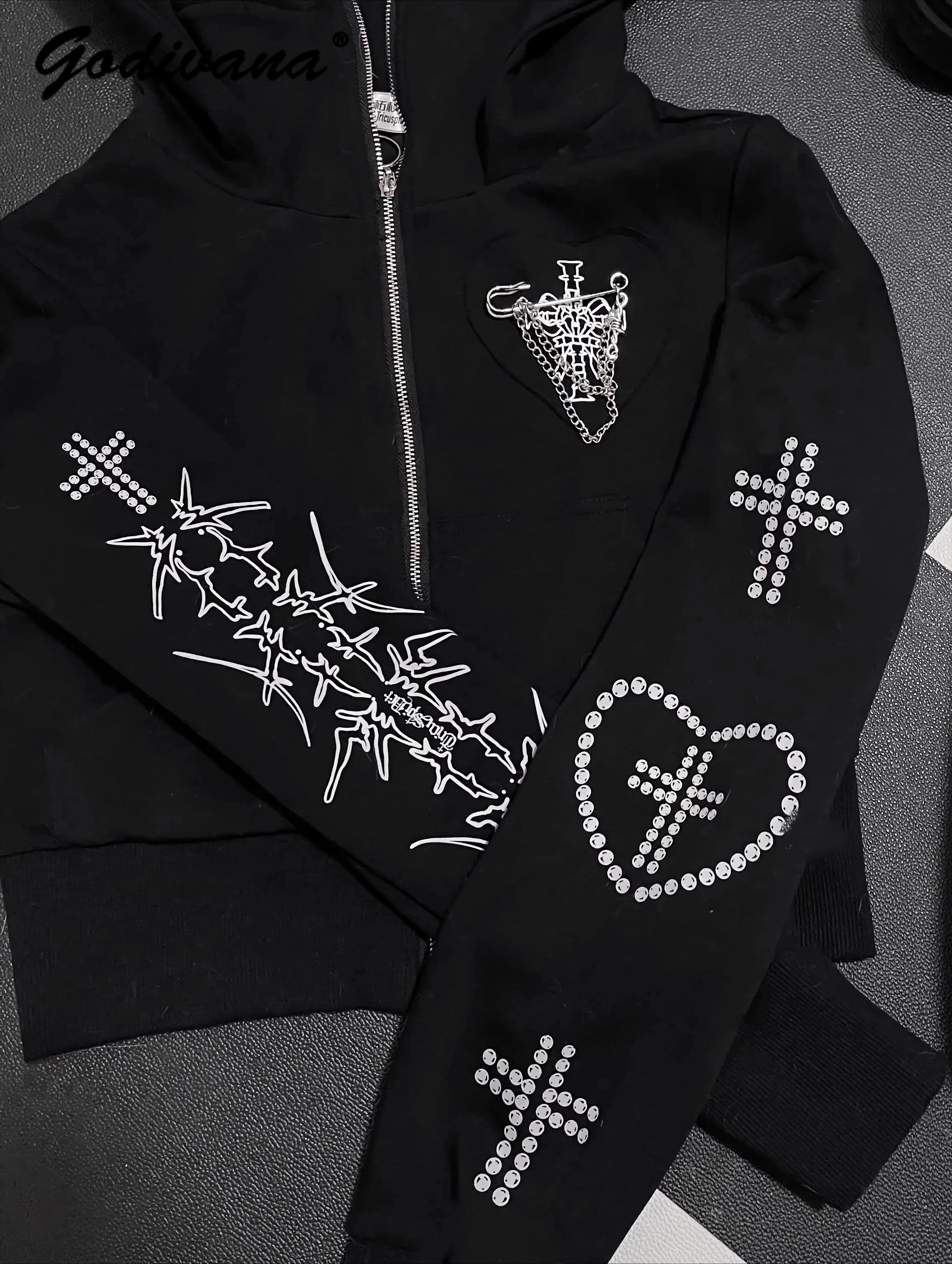 New Spring and Autumn Women's Gothic Zipper Hooded Cardigan Jacket New Subculture Girls Sweet Slim-Fit Short Hoodie Coat