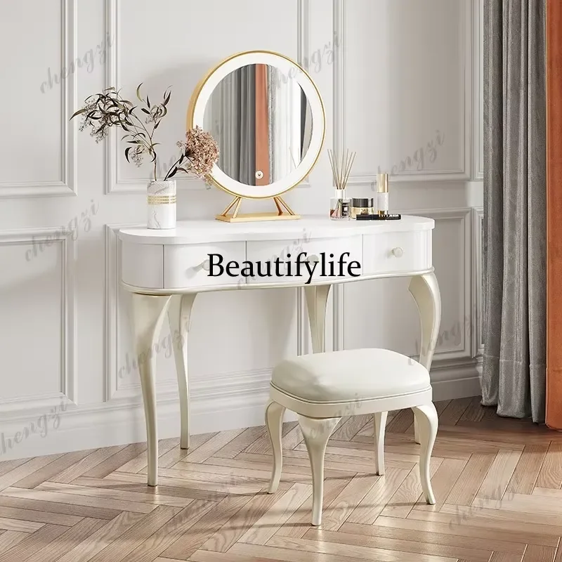 American Light Luxury Solid Wood Dressing Table French Style Leather Seat Vanity Desk with Stool for Bedroom Makeup