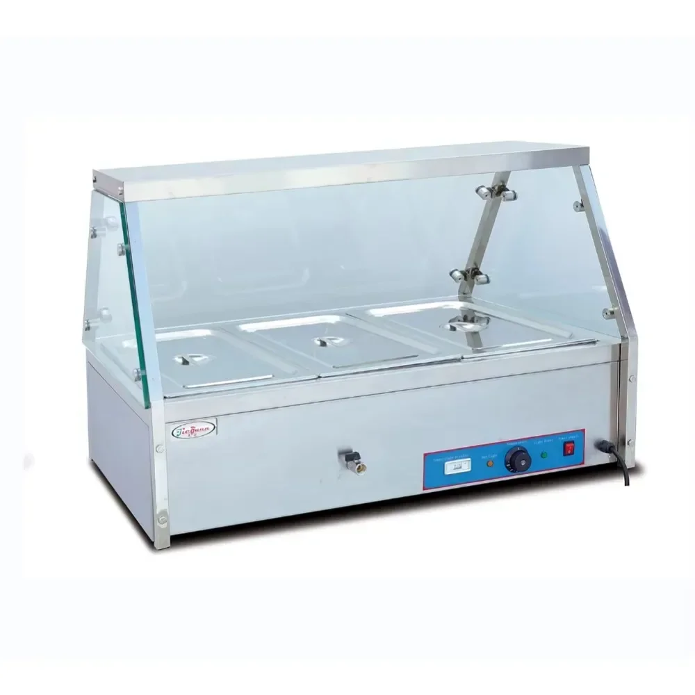 

Countertop Stainless Steel Electric Food Heater Bain & Marie with Glass 3 Pans