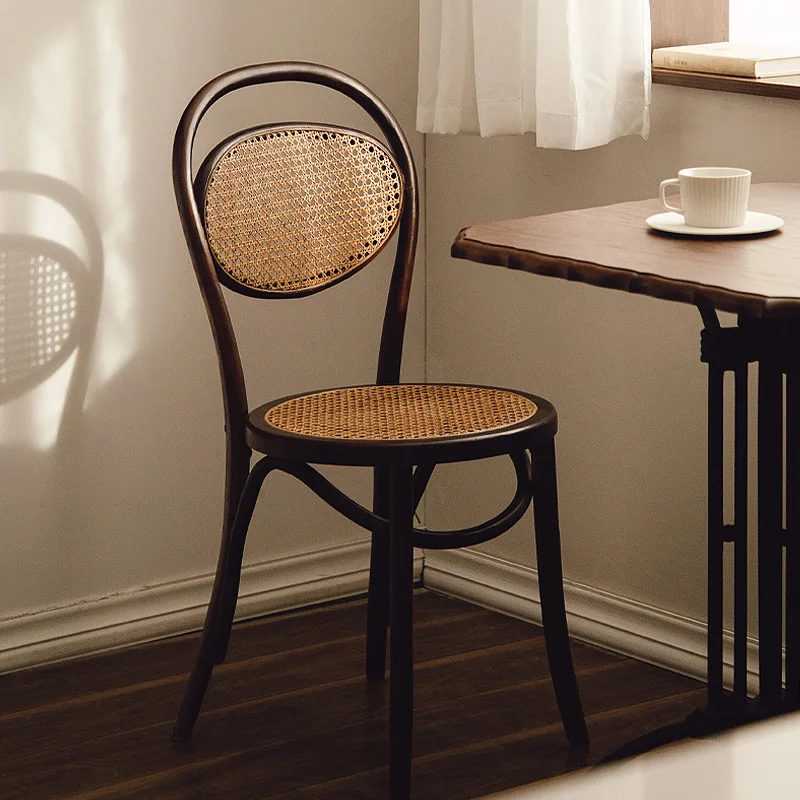 

Dining chair retro home rattan solid wood backrest cafe rattan makeup