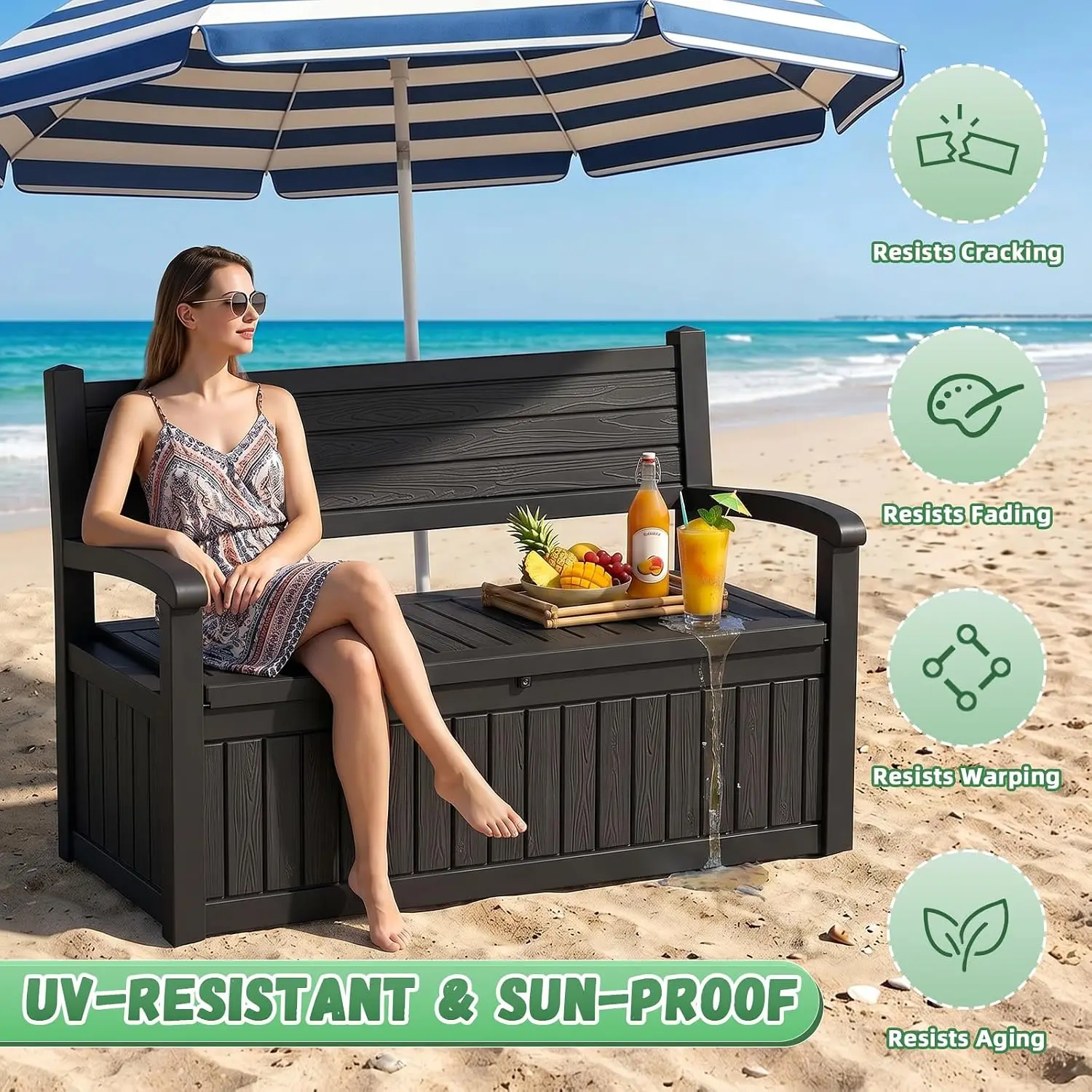 Large Outdoor Storage Bench Deck Box Waterproof Resin Lockable Furniture Container Outside Organizer For Porch Patio Pool Garden Cushion Tool Black view 6