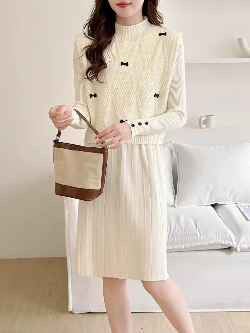 

Elegant Korean Knitted Dress Vest Set Round Neck Bow Two Piece Outfit Autumn/Winter New Sweet Women's Wear w148