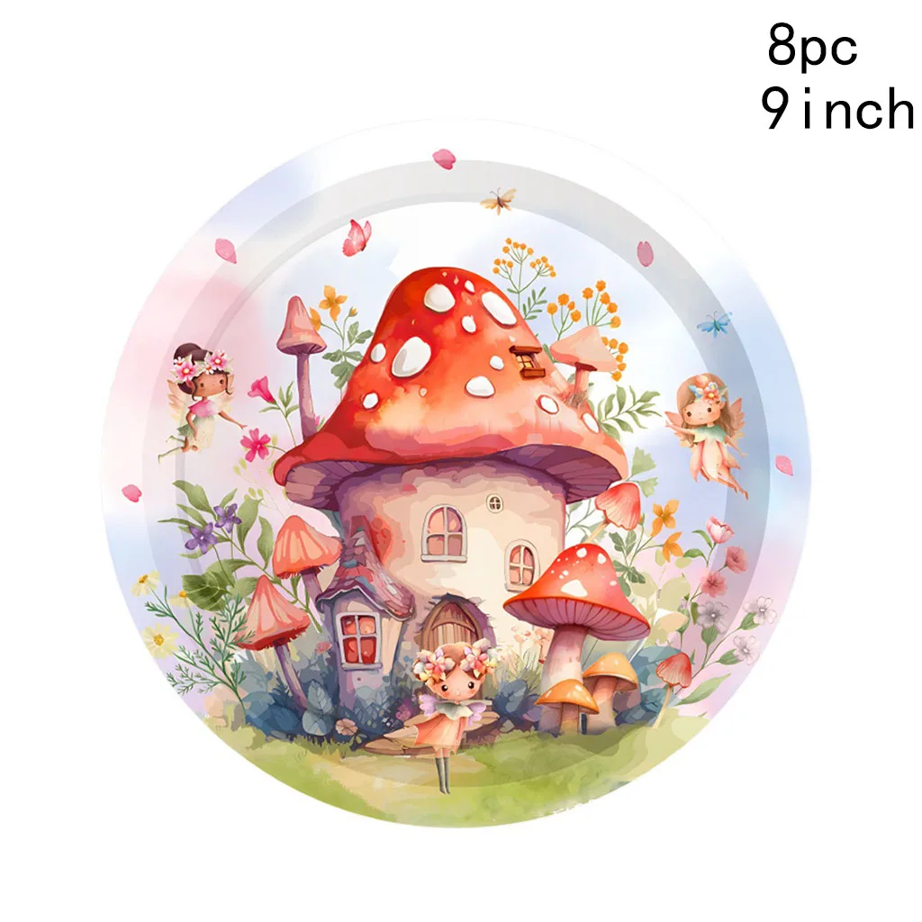 Fairy Mushoroom House Disposable Tableware Girls Fairy Princess Paper Plates Napkins Happy Fairy 1st Birthday Party Supplies