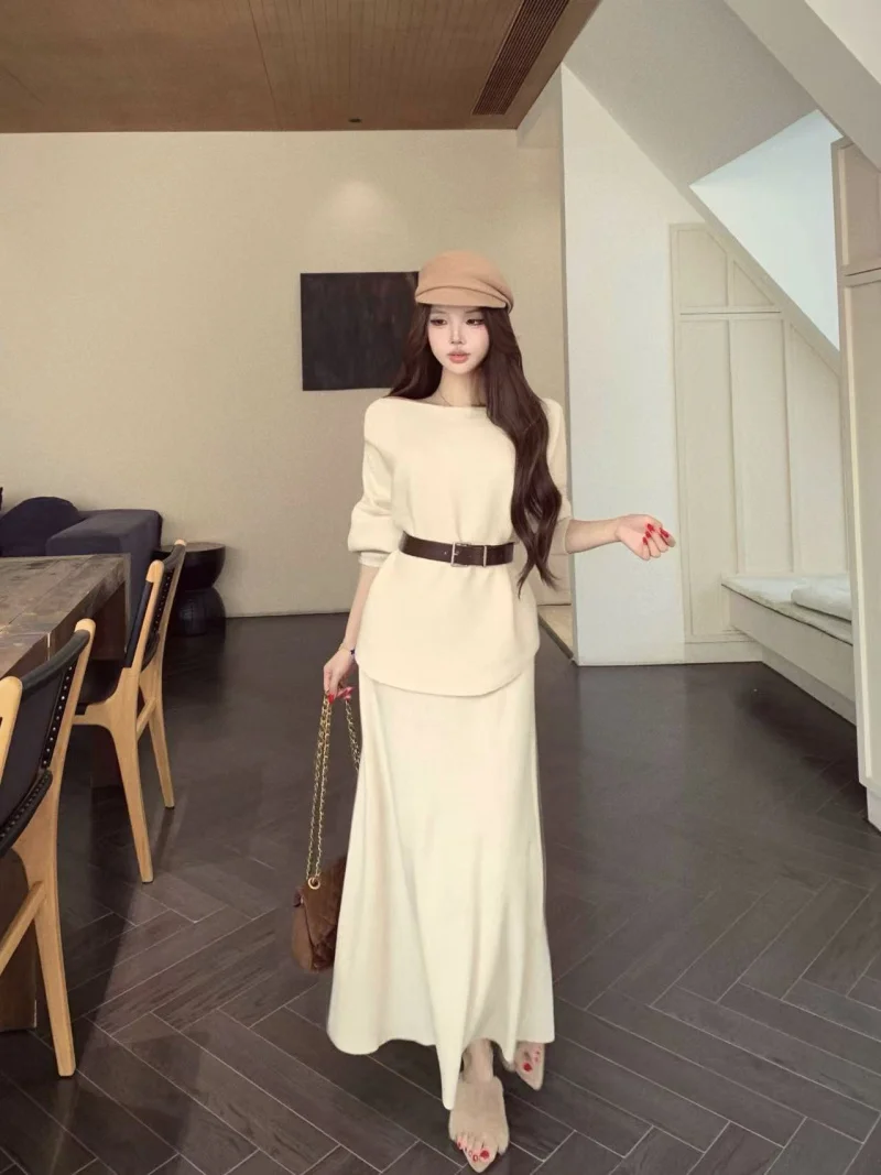 

Women's Long Sleeve Knitted Sweater Asymmetrical Shoulder Winter Fashion Set High Waist A-Line Skirt Two-Piece Ensemble